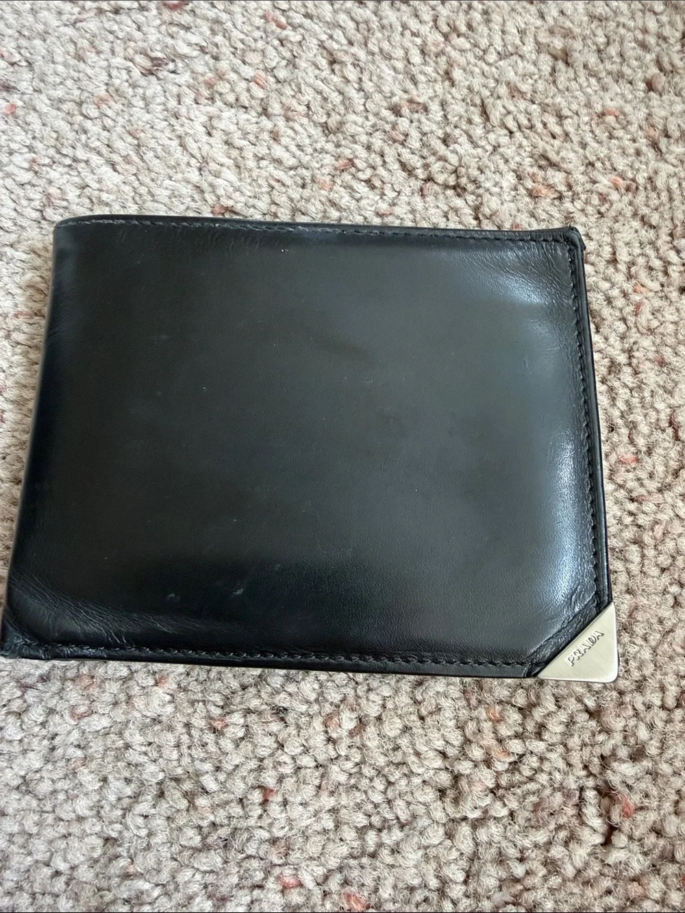 Prada Black Leather Bifold Wallet with Metal Logo Corner